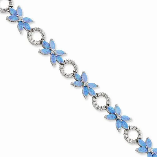 Sterling Silver Created Opal & Cz Floral Bracelet