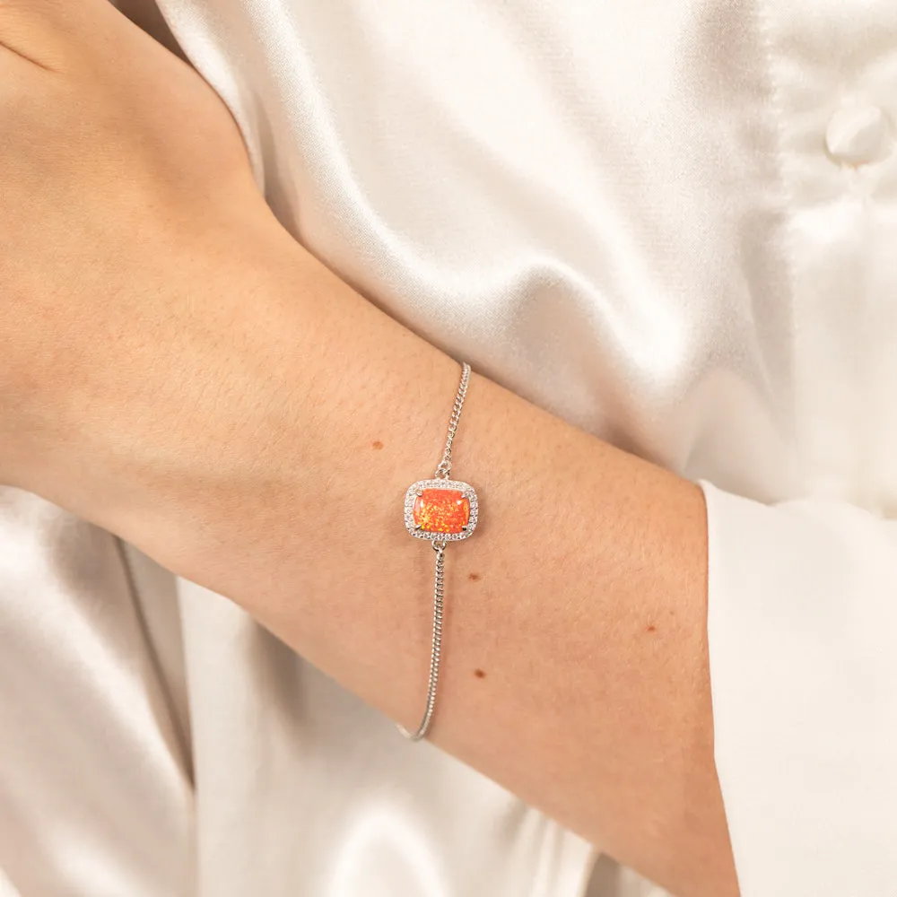 Sterling Silver Rhodium Plated Rectangle Created Orange Opal And White Zirconia 15.5 3cm Bracelet