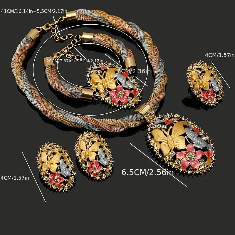 Stunning 5pcs Trendy Butterfly & Flower Design 18k Gold Plated Jewelry Set