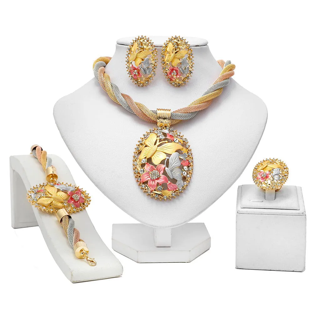 Stunning 5pcs Trendy Butterfly & Flower Design 18k Gold Plated Jewelry Set