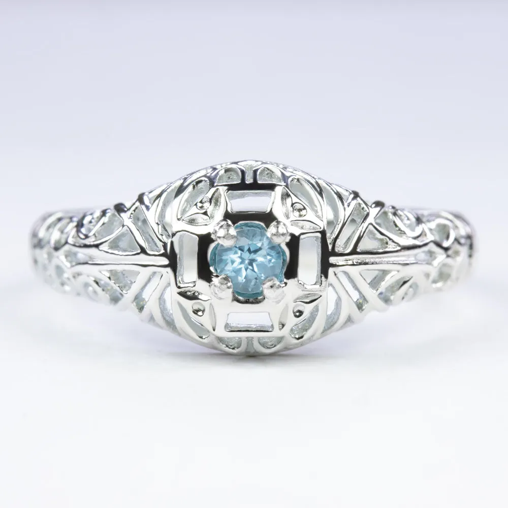 SWISS BLUE TOPAZ VINTAGE STYLE COCKTAIL RING STERLING SILVER DAINTY FILIGREE