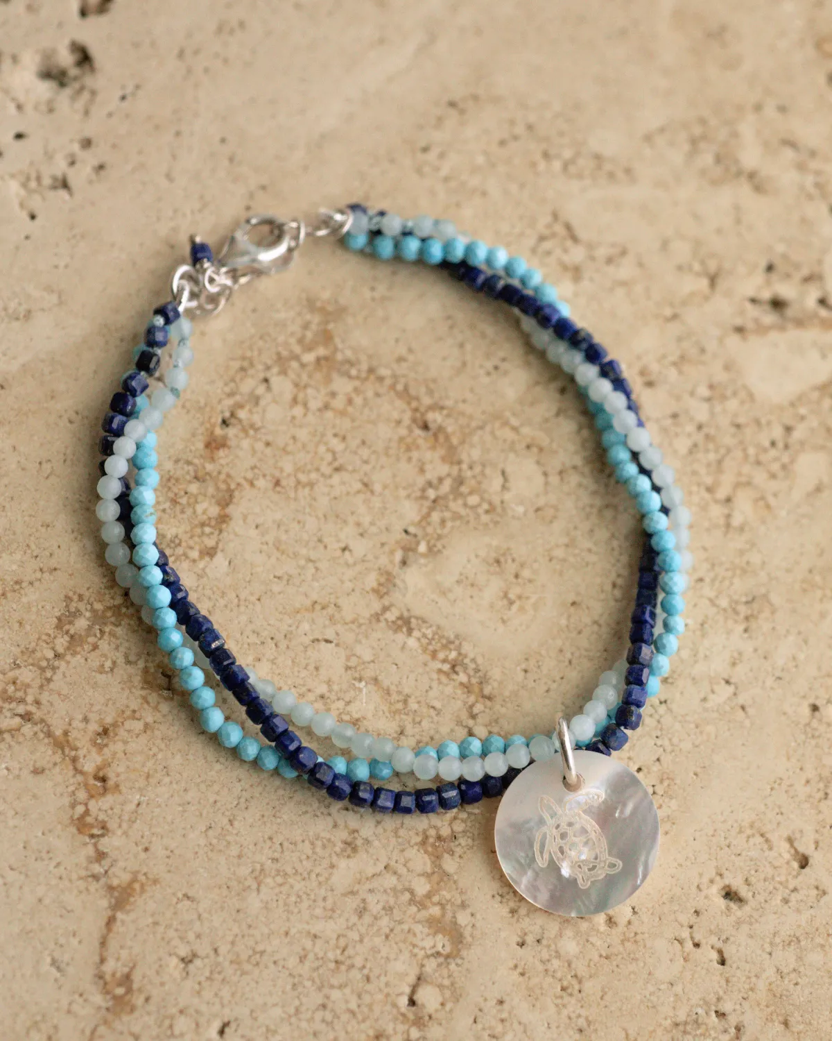 Take 3 Aquamarine, Lapis Lazuli, Turquoise and Mother of Pearl Bracelet Sterling Silver