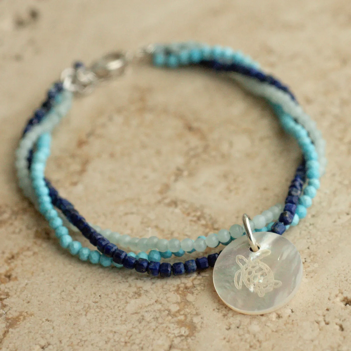 Take 3 Aquamarine, Lapis Lazuli, Turquoise and Mother of Pearl Bracelet Sterling Silver