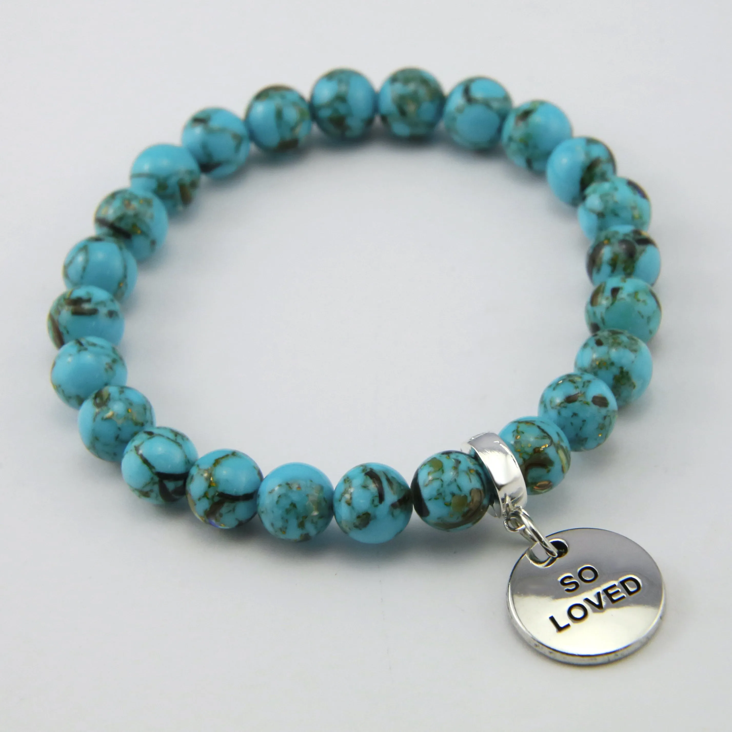 TEAL COLLECTION - Peacock Teal Synthesis 8mm Bead Bracelet - Silver Word Charms