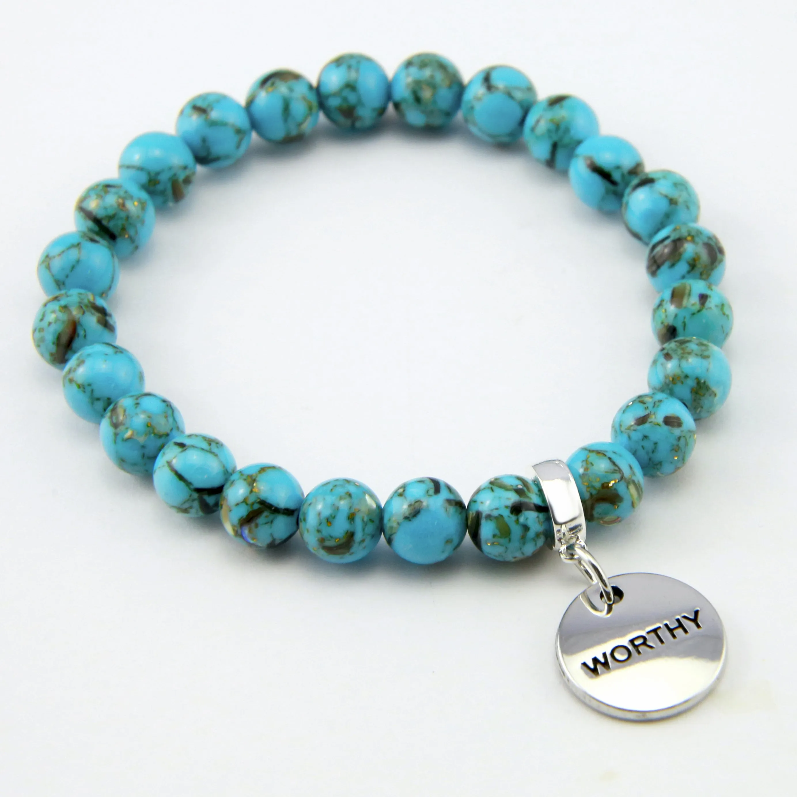 TEAL COLLECTION - Peacock Teal Synthesis 8mm Bead Bracelet - Silver Word Charms