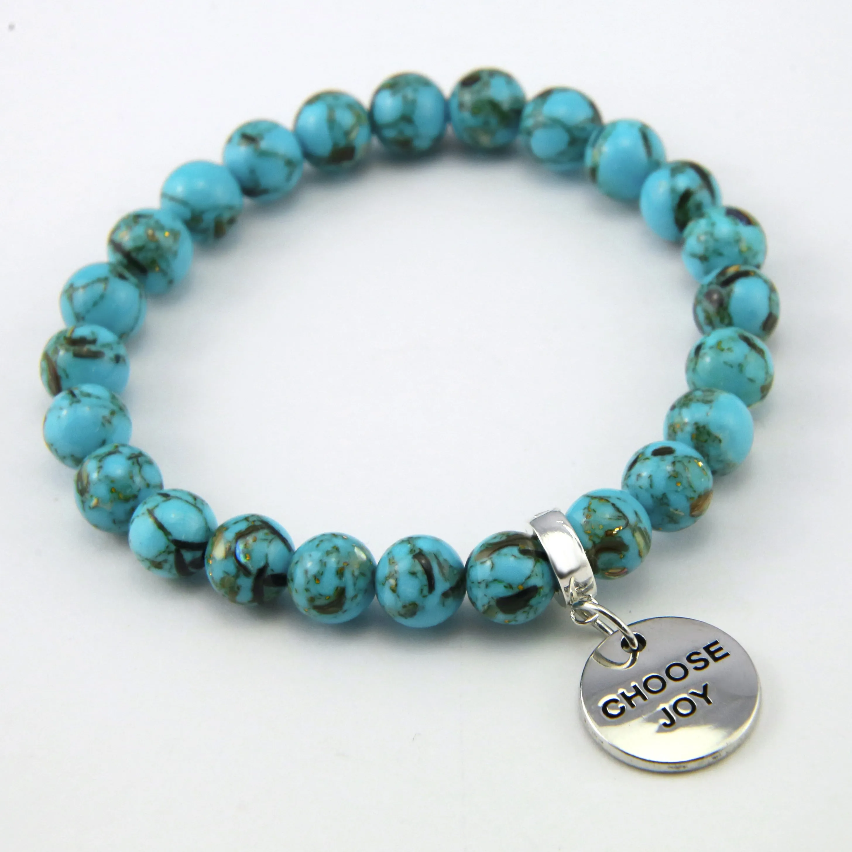 TEAL COLLECTION - Peacock Teal Synthesis 8mm Bead Bracelet - Silver Word Charms