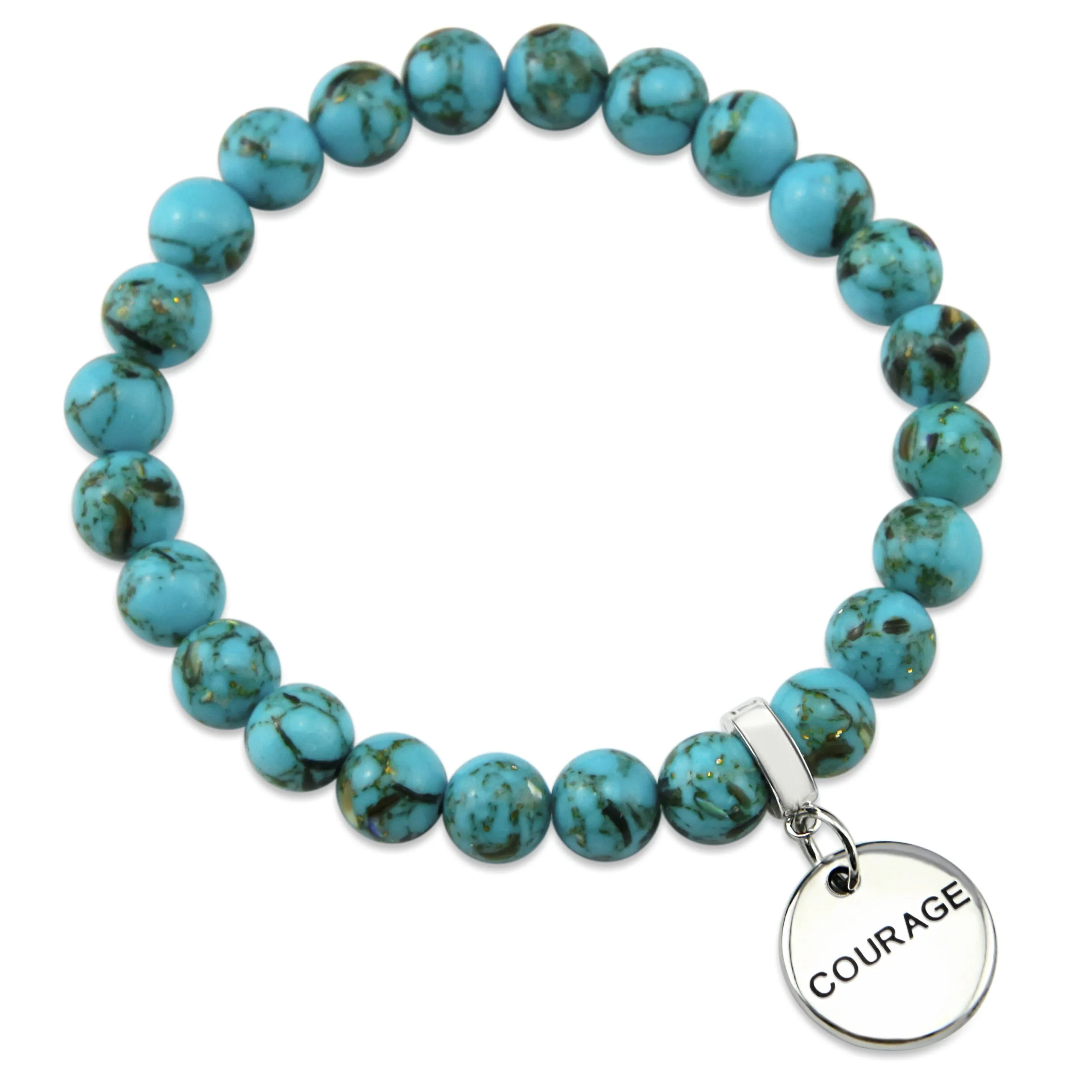 TEAL COLLECTION - Peacock Teal Synthesis 8mm Bead Bracelet - Silver Word Charms