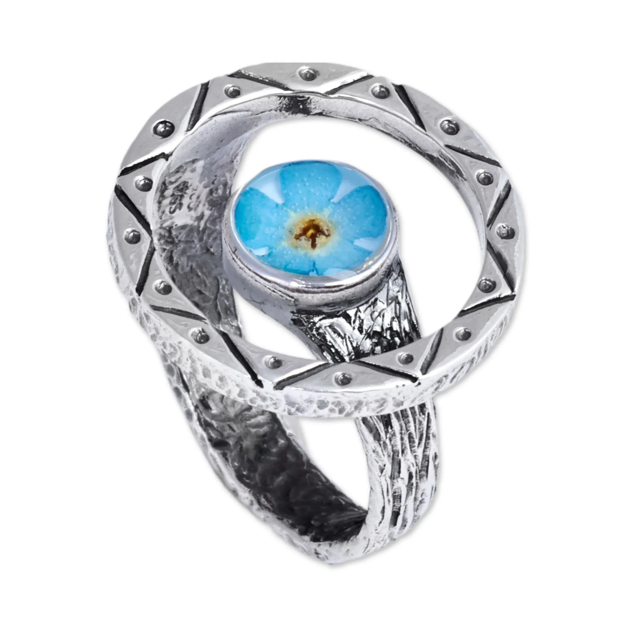 Traditional Round Natural Flower Cocktail Ring in Blue - Altar to Memory | NOVICA