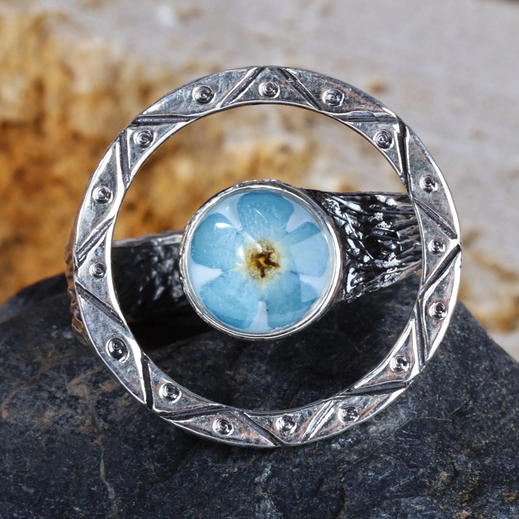 Traditional Round Natural Flower Cocktail Ring in Blue - Altar to Memory | NOVICA