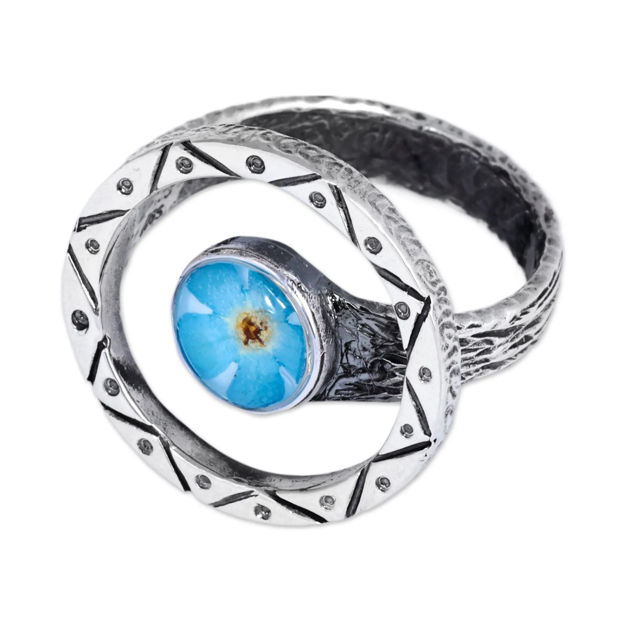 Traditional Round Natural Flower Cocktail Ring in Blue - Altar to Memory | NOVICA