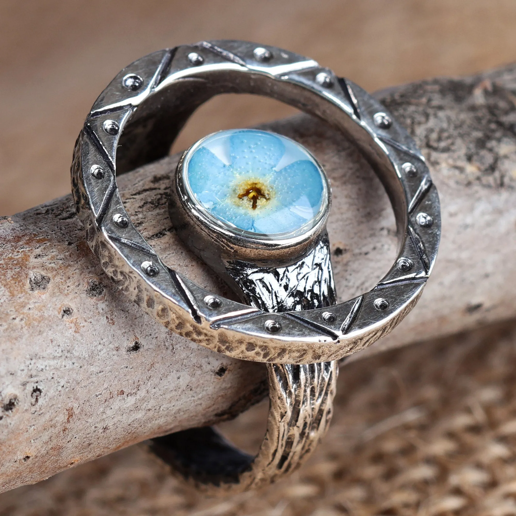 Traditional Round Natural Flower Cocktail Ring in Blue - Altar to Memory | NOVICA