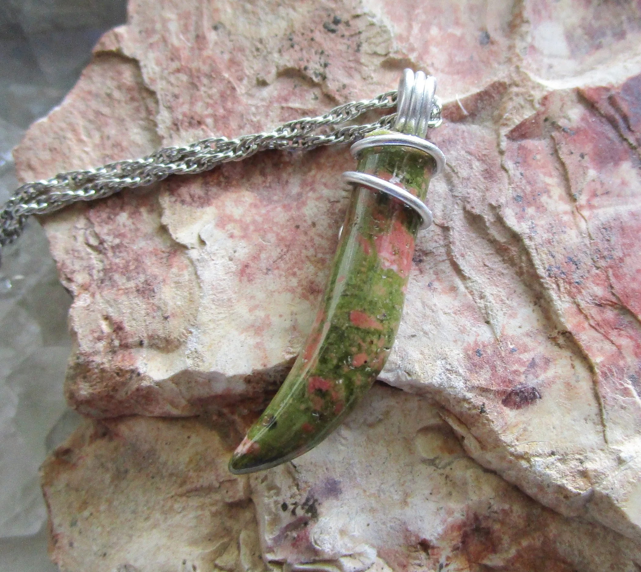 Unakite Natural Carved Stone Horn Wire Wrapped Pendant Necklace