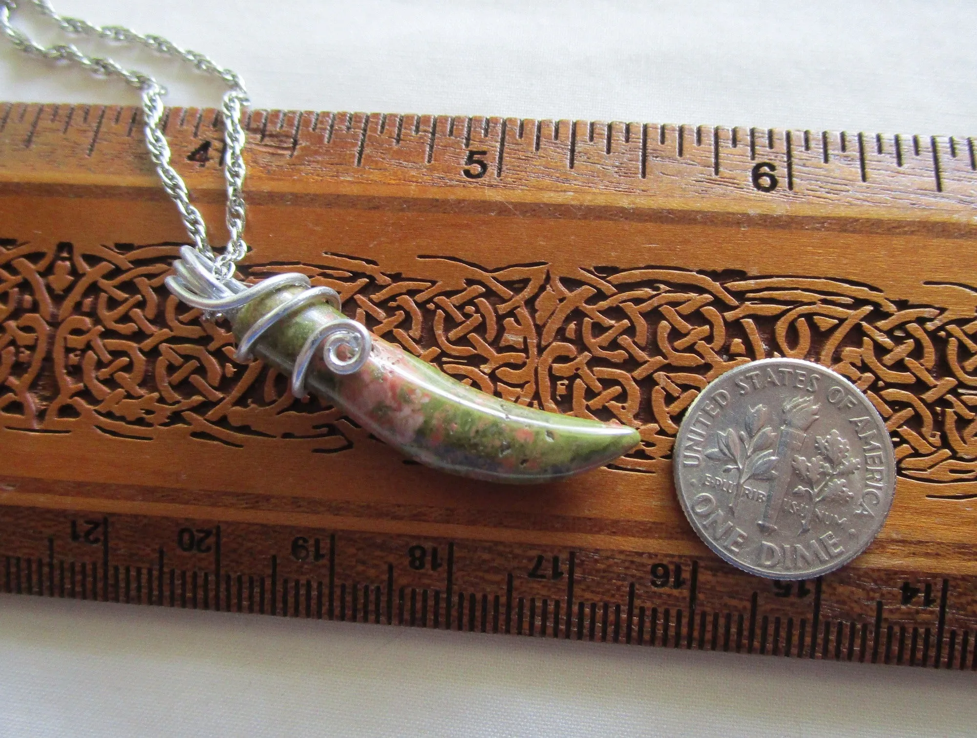 Unakite Natural Carved Stone Horn Wire Wrapped Pendant Necklace