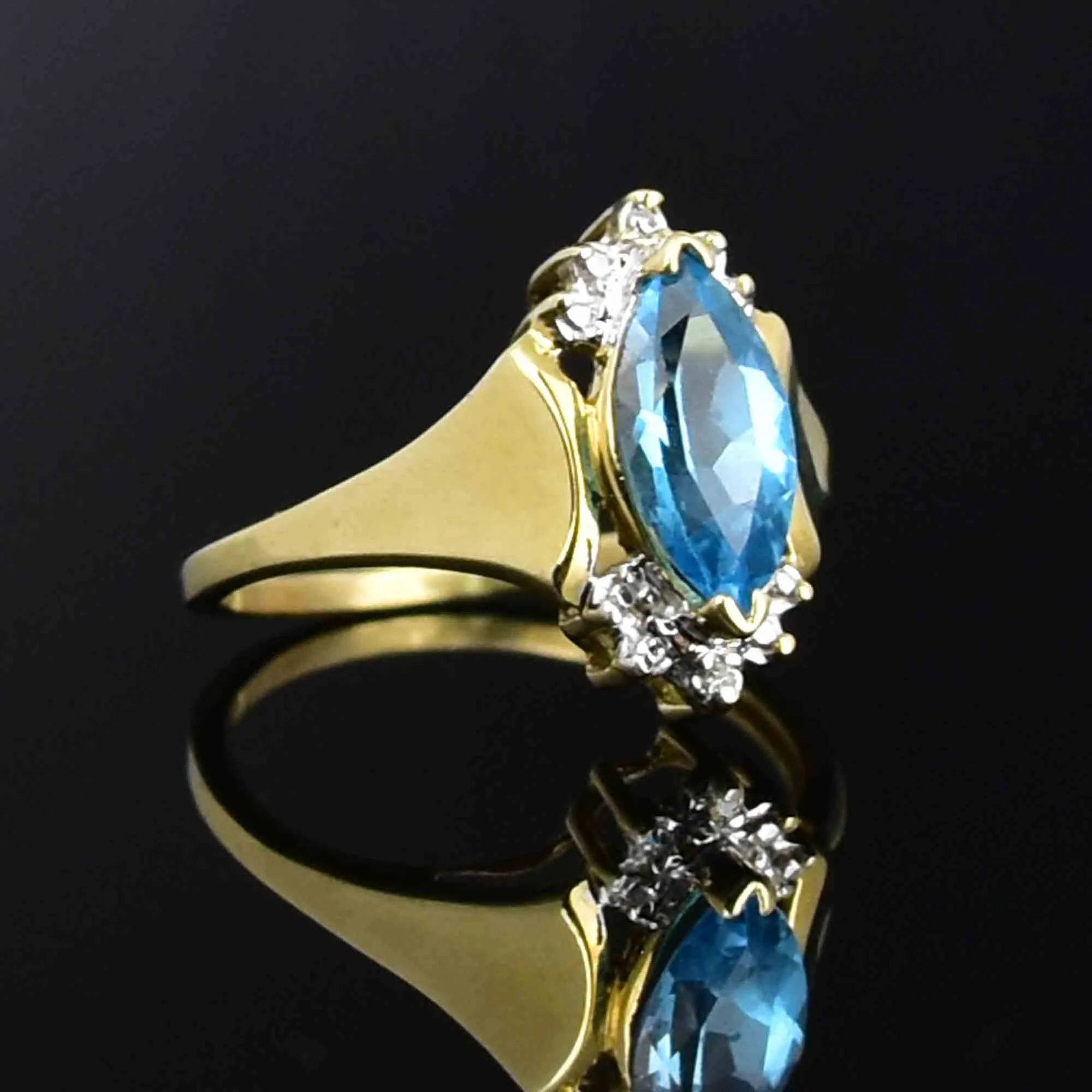 Vintage 10K Gold Diamond Blue Topaz Statement Ring