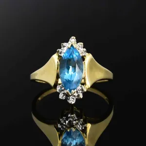 Vintage 10K Gold Diamond Blue Topaz Statement Ring