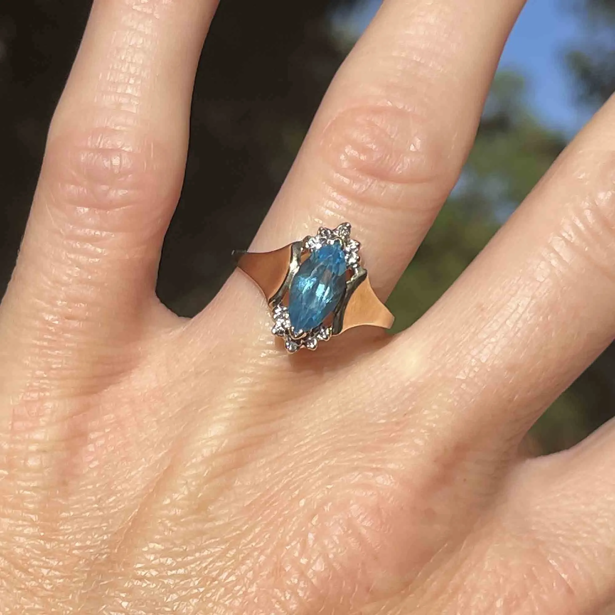 Vintage 10K Gold Diamond Blue Topaz Statement Ring