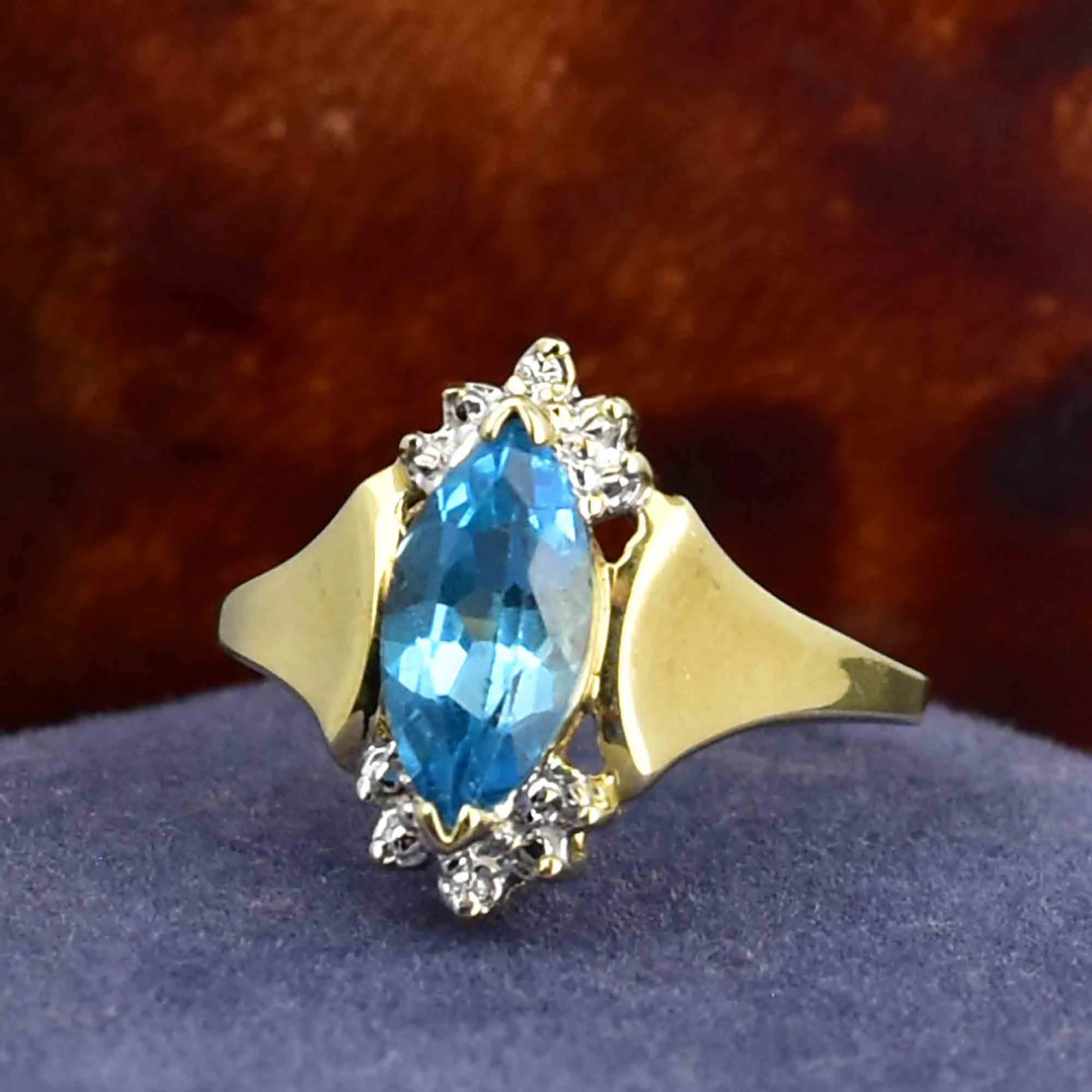 Vintage 10K Gold Diamond Blue Topaz Statement Ring