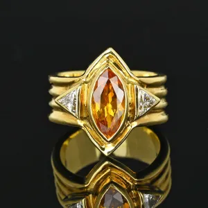 Vintage 18K Gold Trillion Diamond Citrine Ring, Wide Band