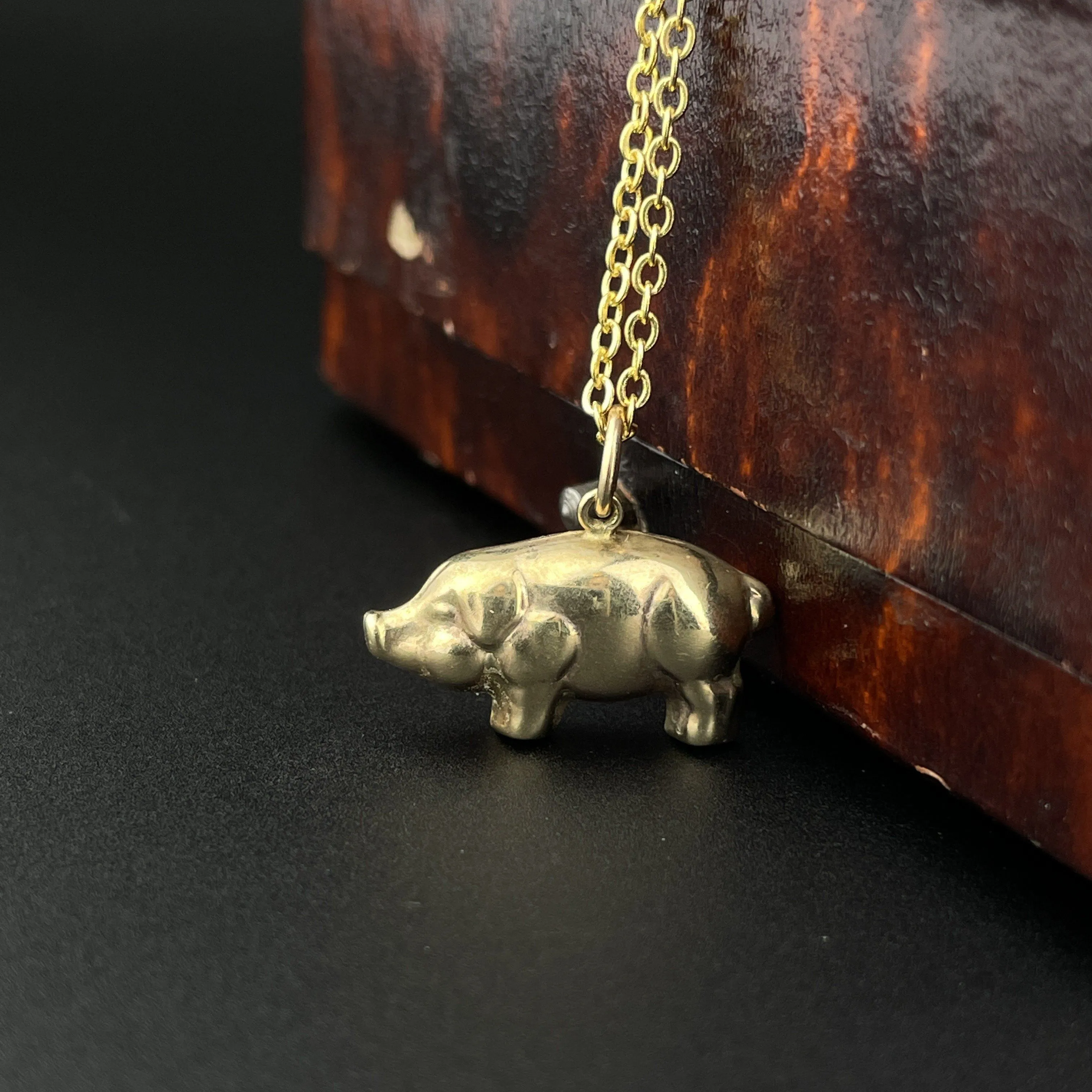 Vintage 9K Gold Puffy Pig Charm Pendant Necklace