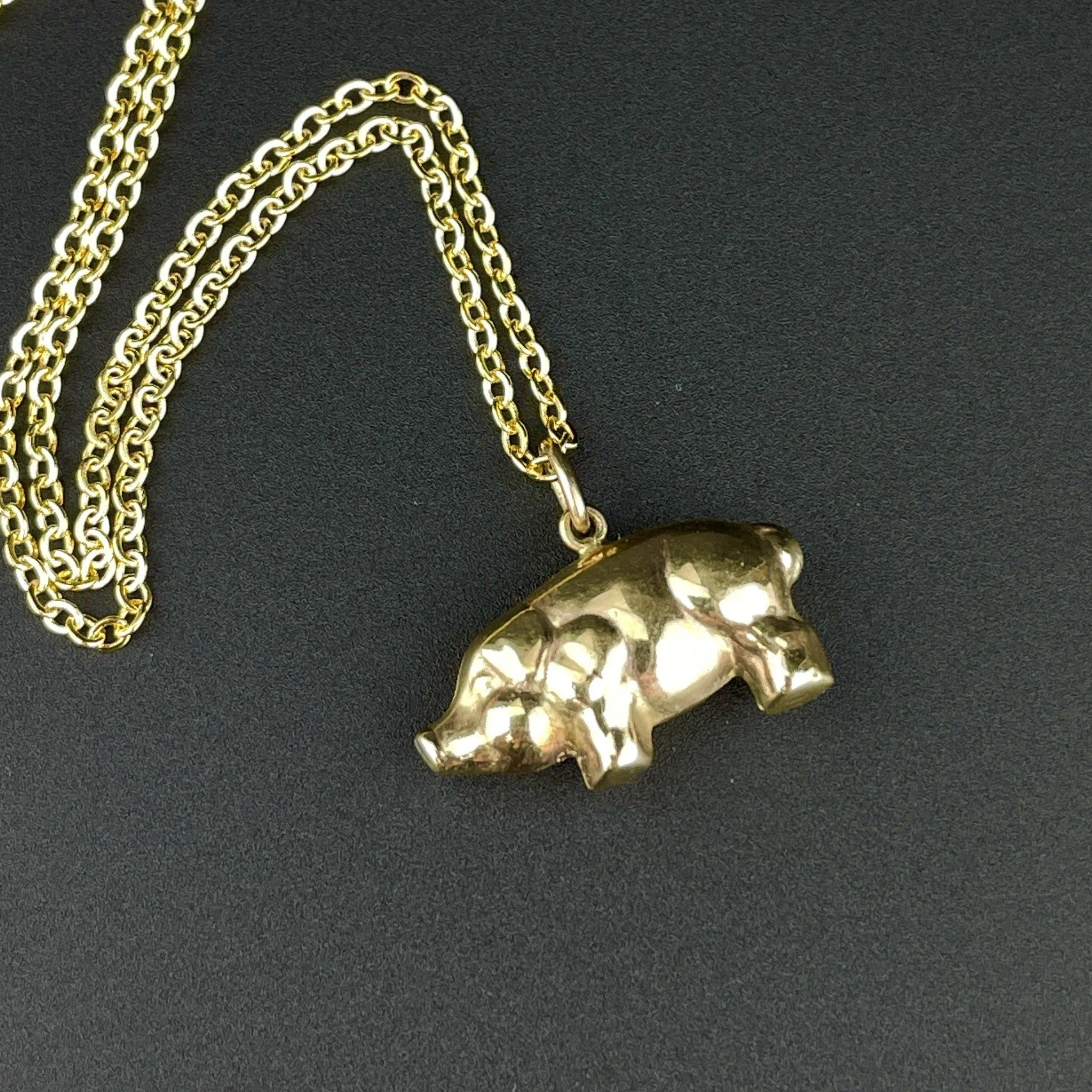 Vintage 9K Gold Puffy Pig Charm Pendant Necklace