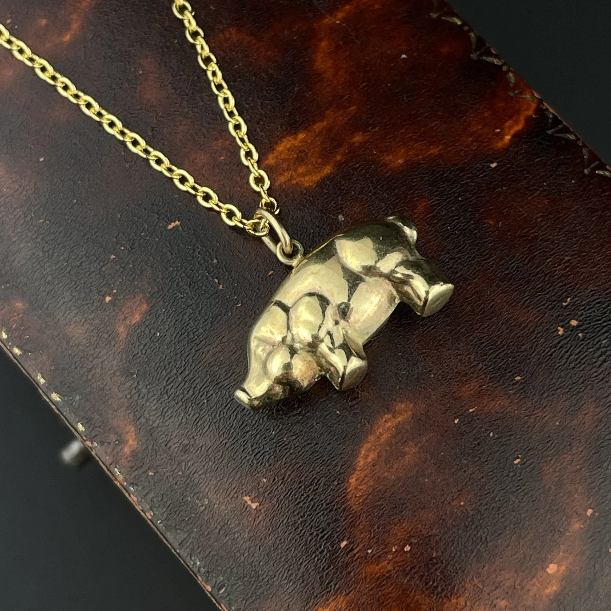 Vintage 9K Gold Puffy Pig Charm Pendant Necklace