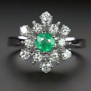 VINTAGE EMERALD DIAMOND COCKTAIL RING 18k WHITE GOLD CLUSTER MID CENTURY ESTATE