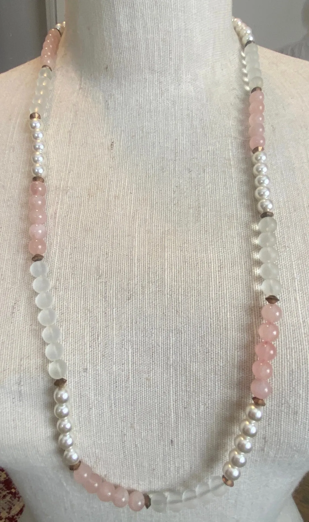 Vintage Faux Pearl Frosted Glass Rose Quarts Necklace