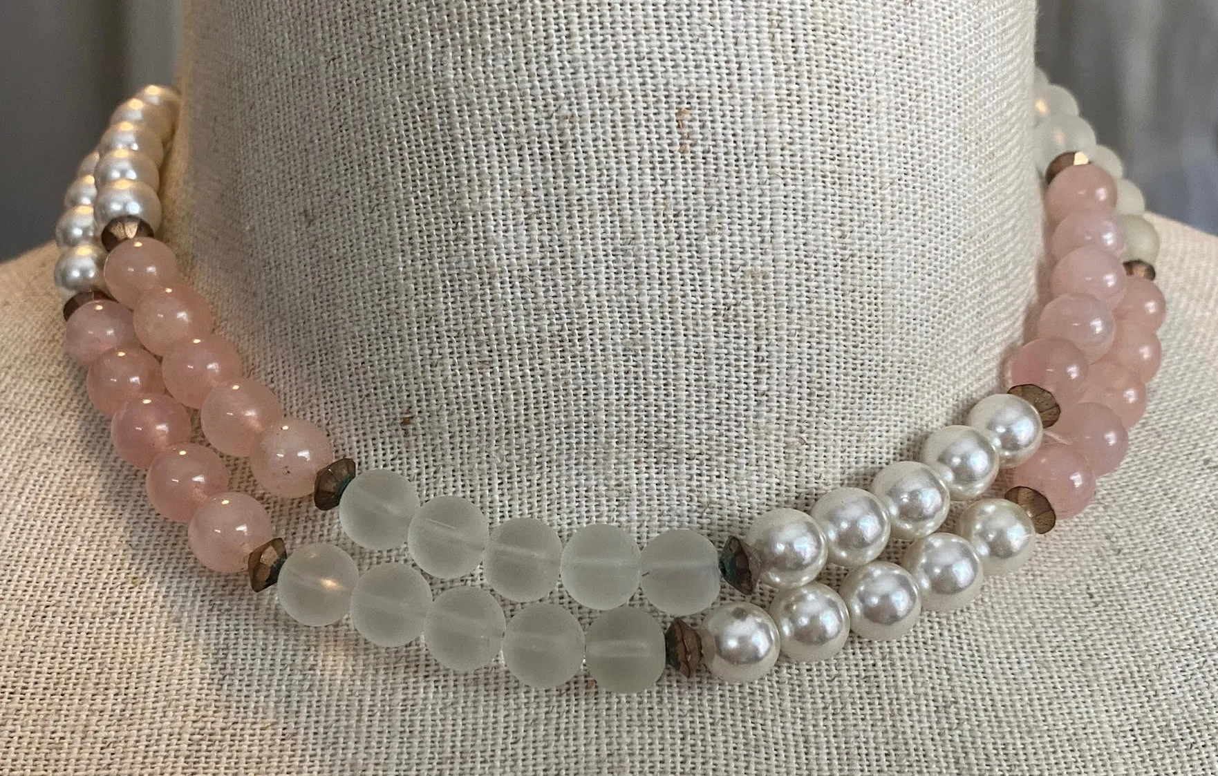 Vintage Faux Pearl Frosted Glass Rose Quarts Necklace