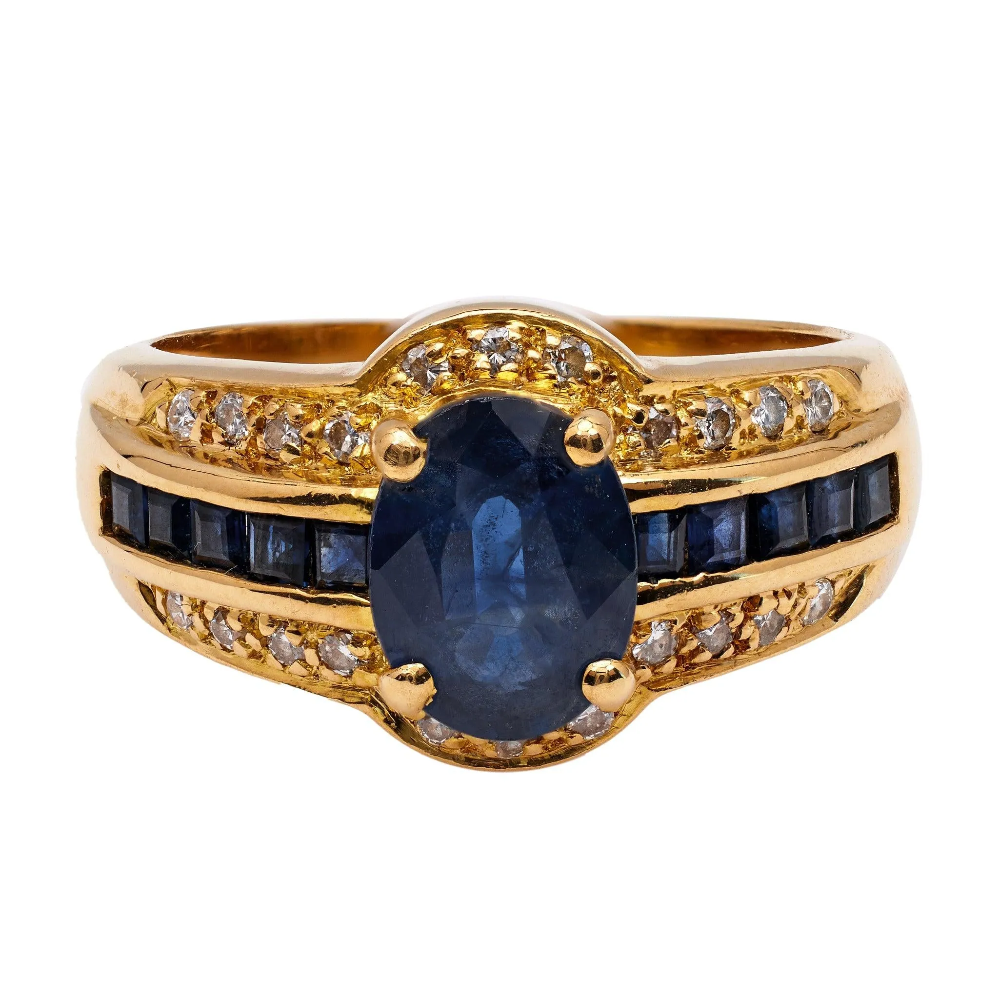 Vintage French Sapphire Diamond 18k Yellow Gold Ring