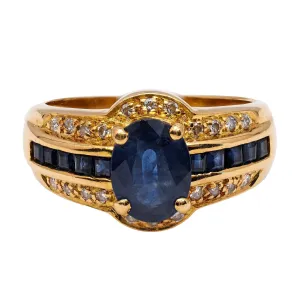 Vintage French Sapphire Diamond 18k Yellow Gold Ring