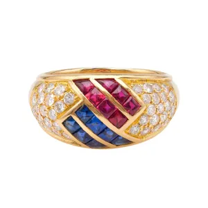 Vintage Mauboussin French Ruby, Sapphire, and Diamond 18k Yellow Gold Dome Ring