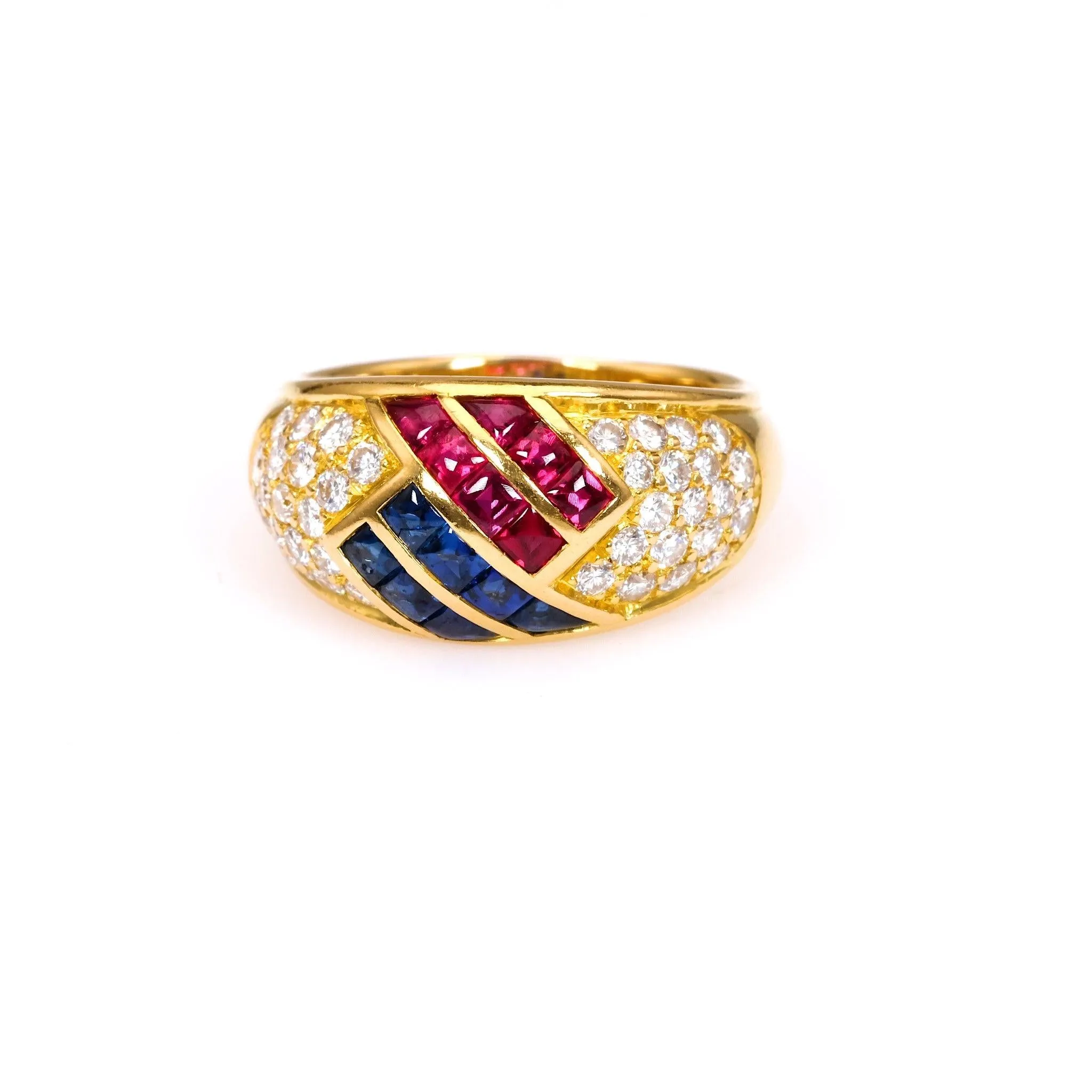 Vintage Mauboussin French Ruby, Sapphire, and Diamond 18k Yellow Gold Dome Ring