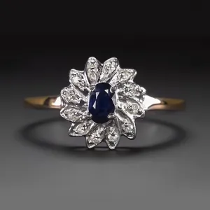 VINTAGE SAPPHIRE DIAMOND COCKTAIL RING BALLERINA GALAXY TWO TONE 14k GOLD ESTATE