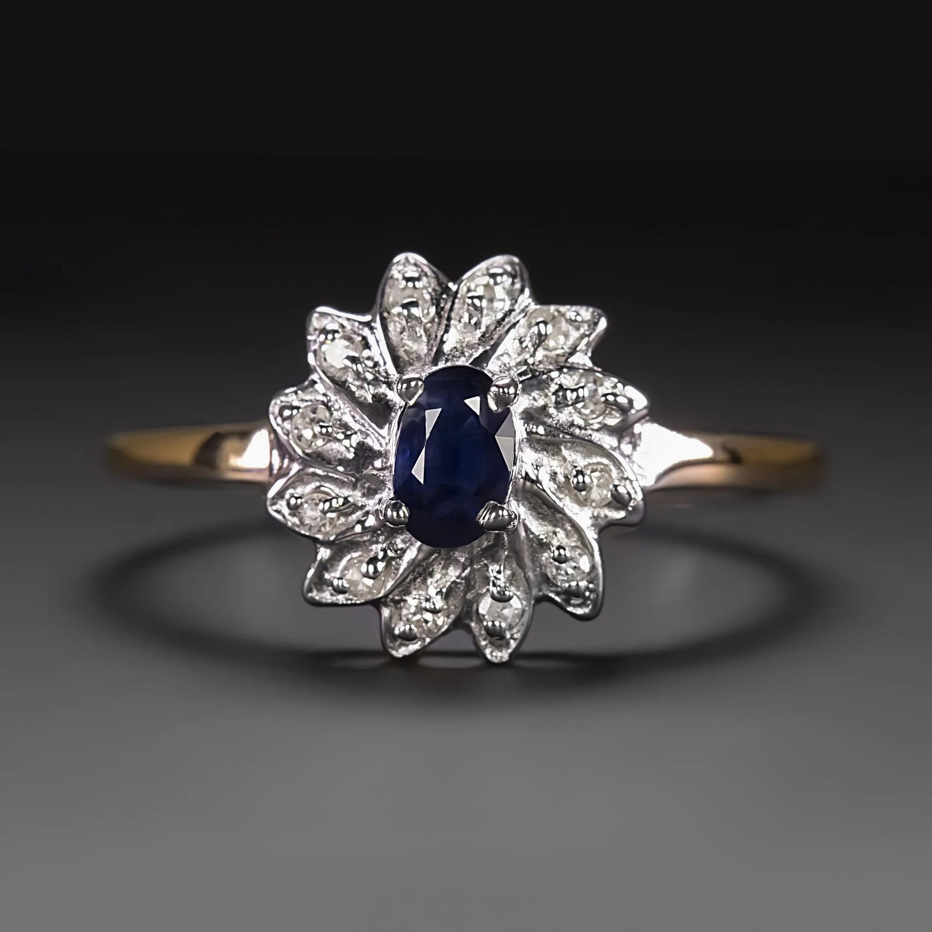 VINTAGE SAPPHIRE DIAMOND COCKTAIL RING BALLERINA GALAXY TWO TONE 14k GOLD ESTATE