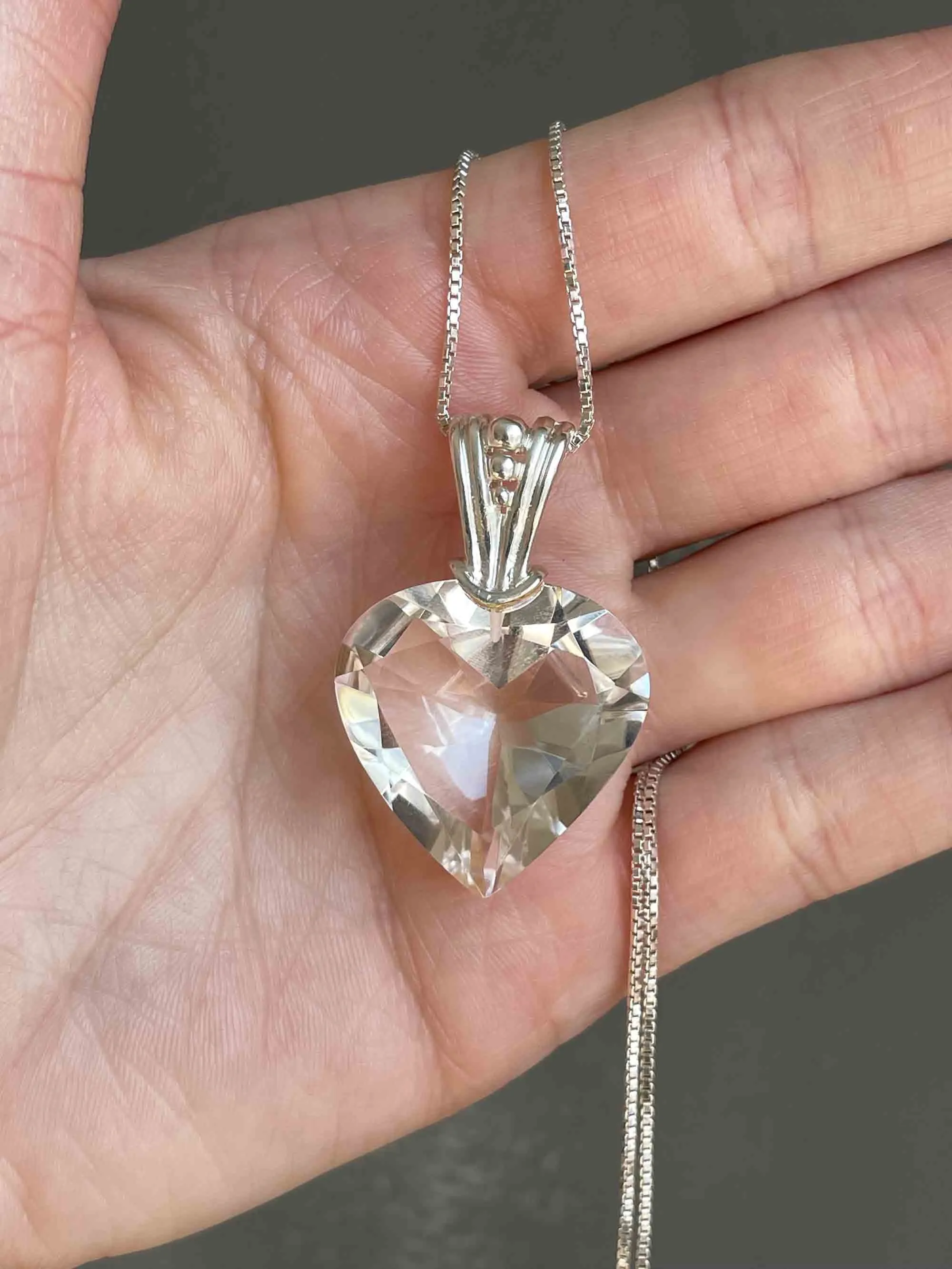 Vintage Silver Quartz Heart Pendant Necklace