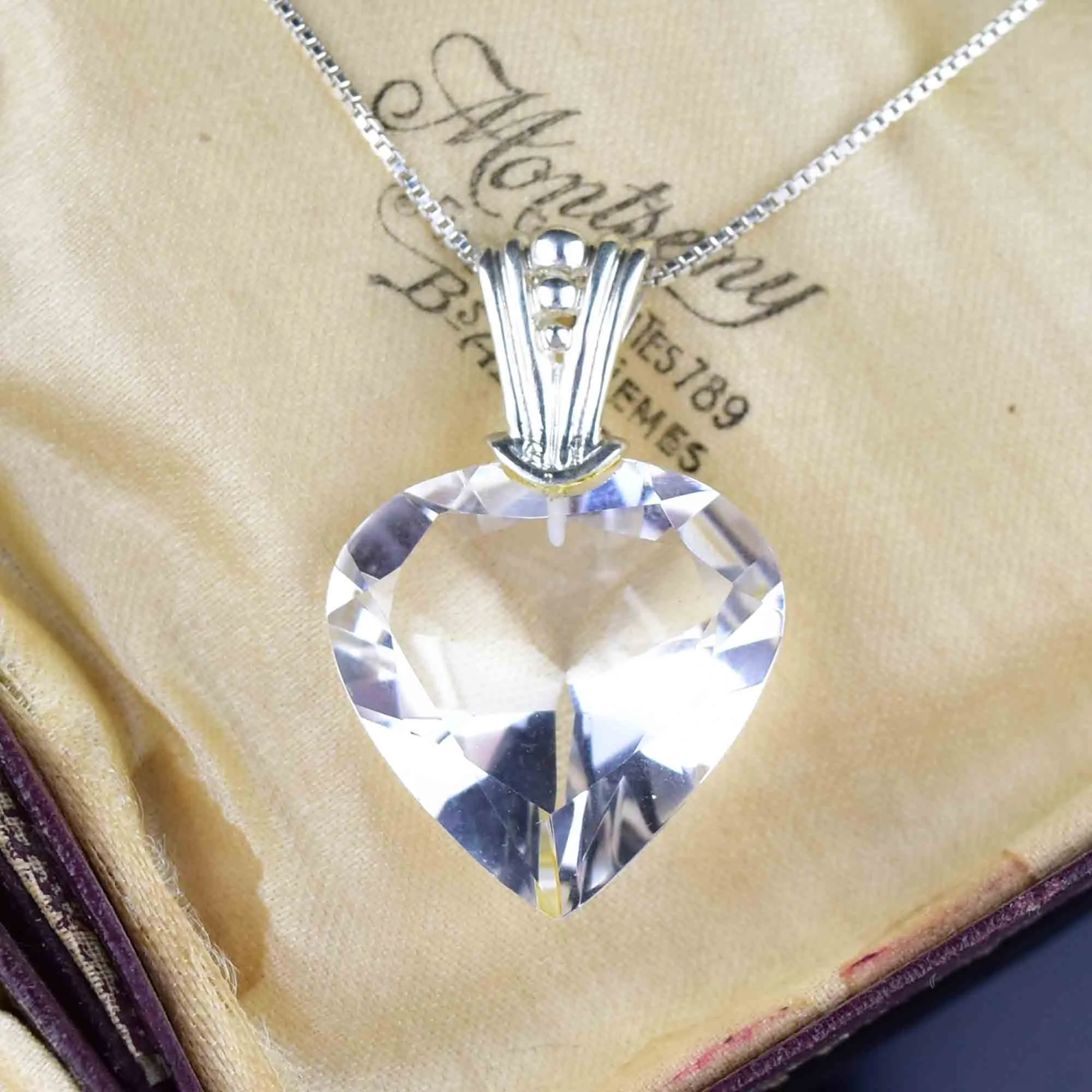 Vintage Silver Quartz Heart Pendant Necklace