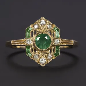 VINTAGE STYLE EMERALD DIAMOND COCKTAIL RING 14k YELLOW GOLD ART DECO NATURAL