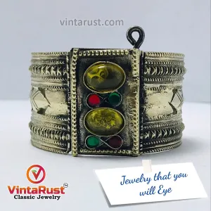 Vintage Yellow Glass Stones Gypsy Cuff Bracelet