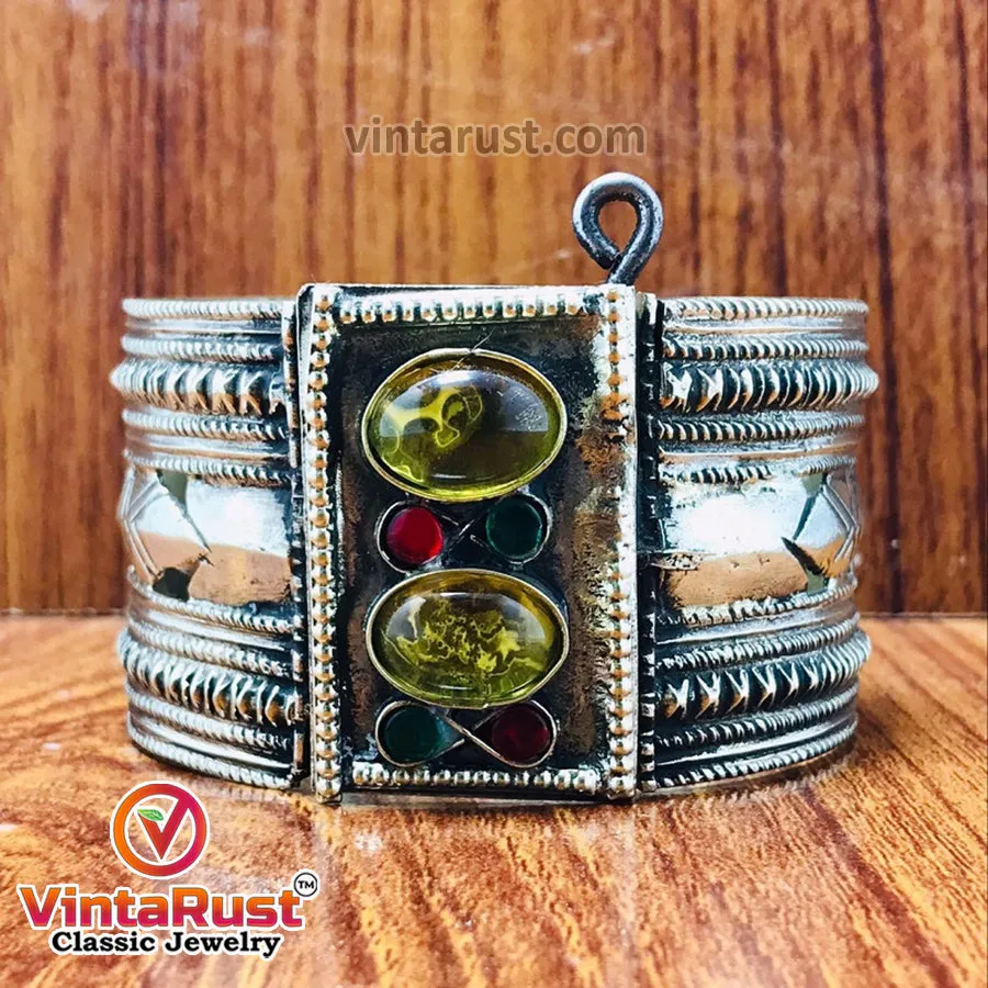 Vintage Yellow Glass Stones Gypsy Cuff Bracelet