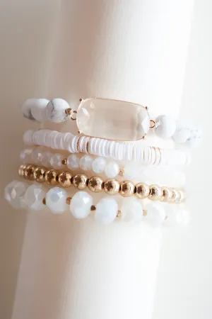 Wendy White Beaded Bracelet Set | Marble Clay and Crystal Beaded Bracelets | Neutral Spring Summer Layering Bracelet Stack