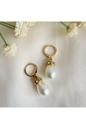 Wisteria London Faux Pearl Teardrop Huggie Hoop Earrings