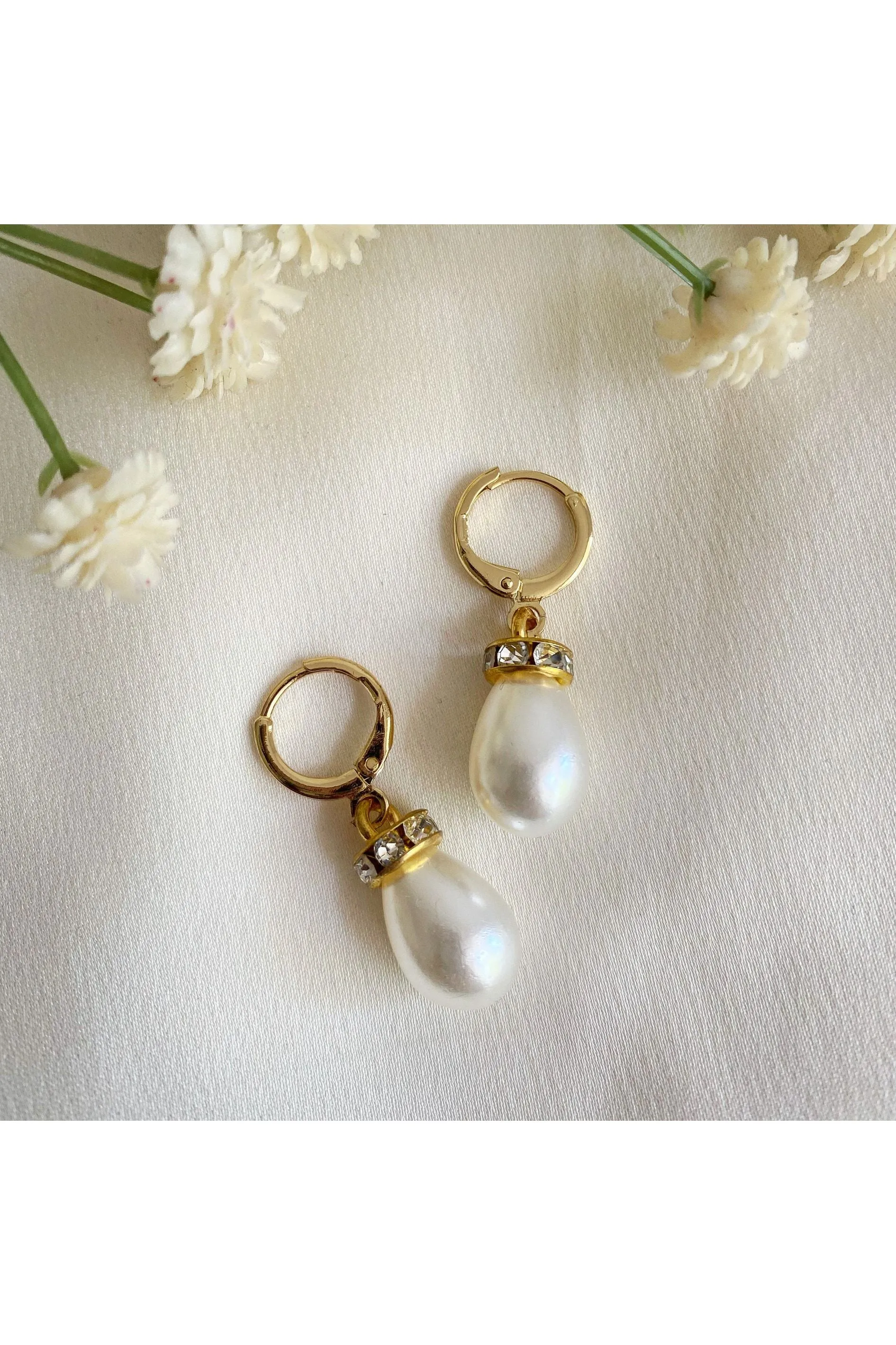 Wisteria London Faux Pearl Teardrop Huggie Hoop Earrings