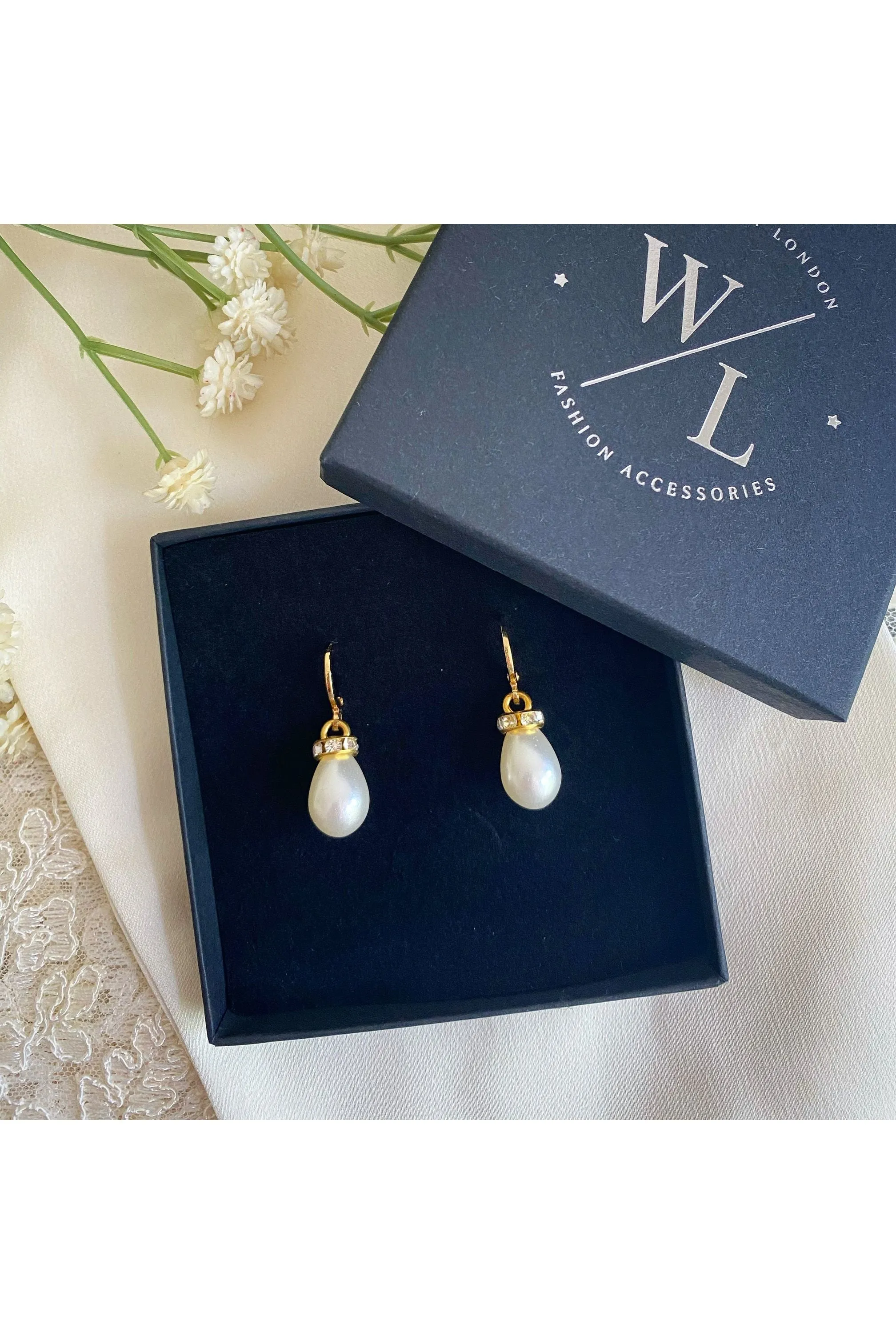 Wisteria London Faux Pearl Teardrop Huggie Hoop Earrings